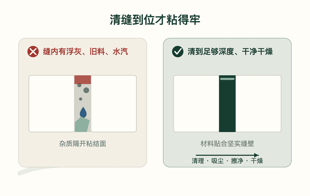 图 2 清缝到位才粘得牢